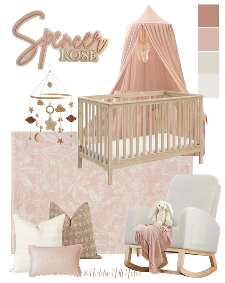 Pink Girls Nursery, Decor Mood Board, Boho Baby Girl Nursery, Wooden Crib, Boho Nursery Girl, Girly Nursery, Contemporary Nursery, Blush Nursery