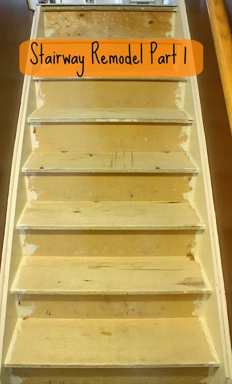 A step-by-step tutorial on a stairway remodel when you rip up your carpet to find pressboard or plywood underneath. Stairway Remodel, Ripping Up Carpet, Diy Stairs Makeover, Carpet Diy, Stairs Renovation, Painted Staircases, Removing Carpet, Diy Staircase, Stairs Makeover