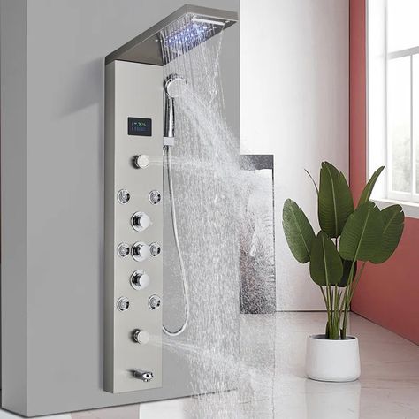 AlenArtWater Modern Shower Panel Tower System Stainless Steel 6-Function Faucet LED Rainfall Waterfall Shower Head + Handheld Sprayer + Rain Massage Body Jets + Tub Spout & Reviews | Wayfair Shower Tower Panel, Waterfall Shower Head, Shower Tower, Bathroom Shower Panels, Shower Jets, Waterfall Shower, Shower Panel, Fixed Shower Head, Bath Tiles