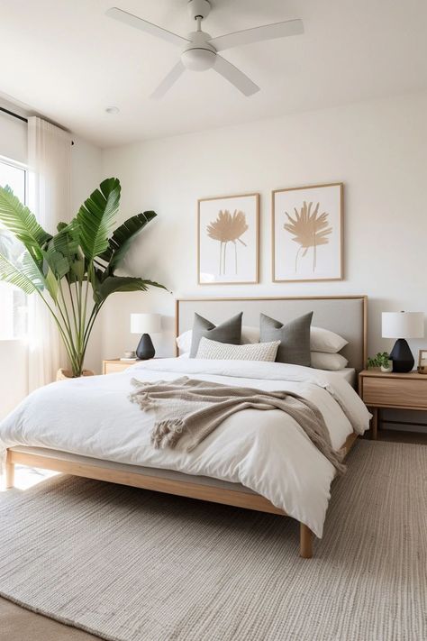 Sage Green And Sand Bedroom, Minimalist Master Bedrooms Decor, Tropical Modern Bedroom, All White Bedroom Ideas, White Room Inspiration, Minimalistic Bedroom Ideas, Rug Size For King Bed, Bedroom Decor Neutral, Modern Home Decor Bedroom