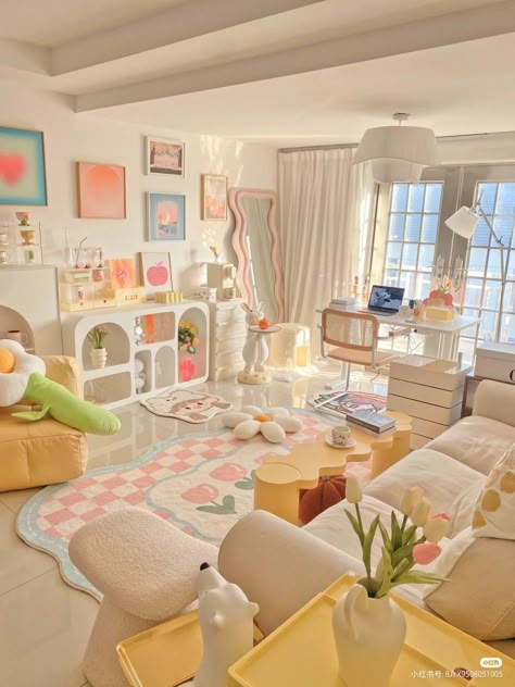 Cutesy House Interior, Cute Sitting Room, Kawaii House Interior, Cute Pastel Living Room, Pastel Kawaii Room Aesthetic, Aesthetic Cute Living Room, Cool Rooms To Have In Your House, Kidcore Living Room, Kawaii Apartment Aesthetic