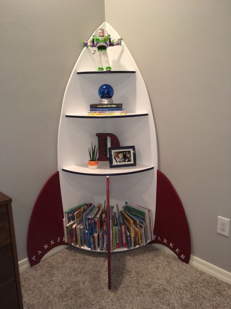 Rocket Ship Shelf, Rocket Ship Bookshelf, Rocket Bookshelf, Rocket Shelf, Space Bookshelf, Cnc Furniture Plans, Toddler Boy Room Decor, Space Themed Bedroom, Kids Room Interior Design