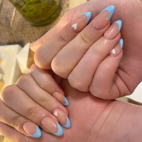 french tip nails, summer french tip nails, sky blue french tip nails, sky blue frenchies, sky blue tip nails, blue sky nails, blue sky french tip nails, light blue french tip nails, summer nail trends 2022, summer nail designs Light Blue French Tip Nails With Heart, Light Blue Almond Acrylic Nails With Design, French Tip Sky Blue 1.5 Inch, Light Blue French Almond Nails, Almond Nails Light Colors, Sky Blue Nails French Tip, Light Blue French Tips Almond, Light Blue Oval Acrylic Nails, Baby Blue French Tip Nails Almond