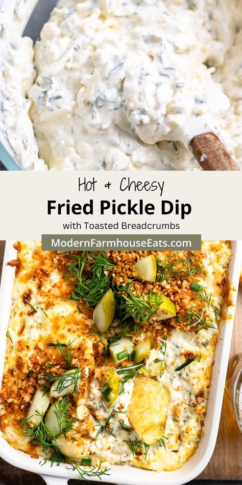 The perfect fried pickle dip! This creamy, tangy dip is super easy to make and loaded with delicious dill pickles. Baked in the oven with lots of melty cheese and garnished with buttery toasted breadcrumbs. It's a definite crowd-pleaser and steals the show every time. Hot Dill Pickle Dip, Baked Dill Pickle Dip, Pickel Dip, Fried Dill Pickle Dip, Sunday Appetizers, Hosting Appetizers, Pickle Cream Cheese, Fried Pickle Dip, Fresh Fries