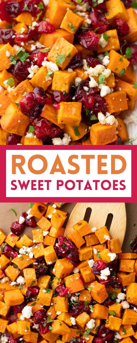 roasted sweet potatoes and cranberries topped with feta and parsley Sweet Potato Feta Cranberry, Roasted Sweet Potatoes And Kale, Sweet Potato Cranberry Bake, Potluck Sweet Potato Recipes, Sides With Sweet Potatoes, Hot Veggie Dish Thanksgiving Sides, Roasted Sweet And White Potatoes In Oven, Sweet Potato Cranberry Feta, Sweet Potato And Cranberry Recipes