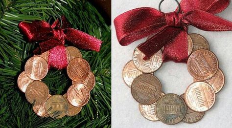 Pennies Wreath Penny from Heaven Memory by NookBookCrafts Old Table Makeover, Copper Penny Floor, Fairy Garden Inside, Rectangle Mirror Frame, Penny From Heaven, Bowling Ball Garden, Cute Fairy Garden, Penny Crafts, Penny Table