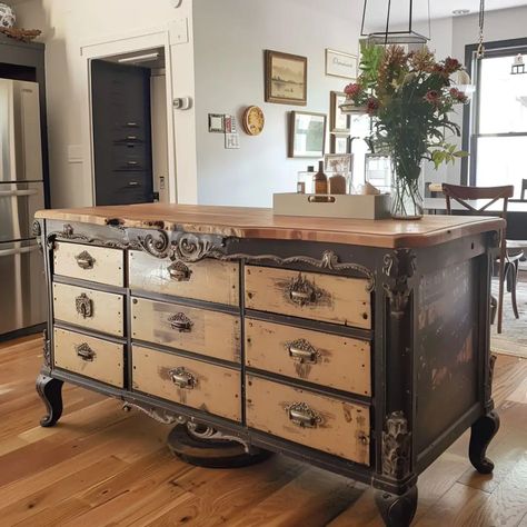 Antique Dresser Converted Into a Kitchen Island Turn A Dresser Into A Kitchen Island, Antique Furniture In Kitchen, Kitchen Island Dresser Diy, Buffet Used As Kitchen Island, Kitchen Island From Old Dresser, Vintage Kitchen Island Ideas, Dresser As Kitchen Island, Antique Island Kitchen, Antique Dresser Kitchen