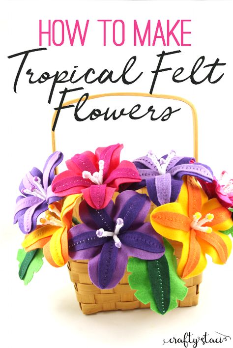 Tropical Felt Flowers from craftystaci.com #flowercrafts #diyflowers #feltflowers Diy Felt Garland, Diy Felt Flowers, Sewing Project Ideas, Felt Flower Tutorial, Felt Flower Wreaths, Felt Succulents, Felt Flowers Diy, Diy Flower Crown, Flower Collage