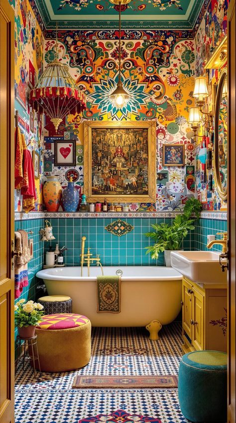 Tiny Apartment Bathroom Maximalist Bathrooms, Tiny Apartment Bathroom, Statement Mirrors, Organization Ideas For Small Spaces, Apartment Bathroom Ideas, Funky Bathroom, Boho Style Bathroom, Bathroom Organization Ideas, Boho Bathroom Ideas