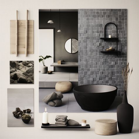 "Shadowed Harmony: Japandi Moodboard in Dark Grey & Black 🖤✨ #Japandi #DarkGreyDecor #BlackAndMinimal #EssenceOfJapandi" Modern Dark Bathroom, Black Japandi, Dark Japandi, Japandi Moodboard, Japandi Bathroom, Dark Bathroom, Dark Bathrooms, Japandi Design, Elegant Bathroom