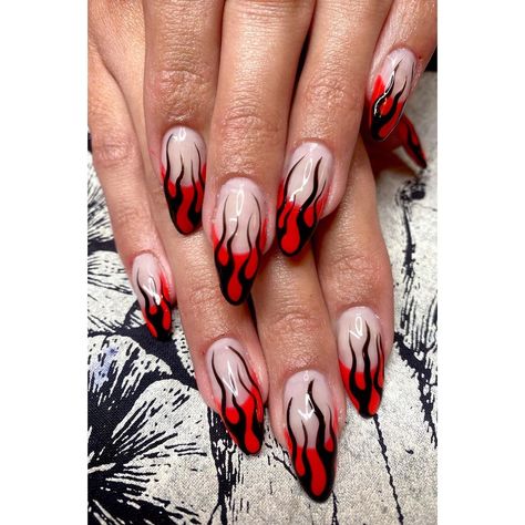 Black And Orange Flame Nails, Goth Valentine Nails, Nails Acrylic Emo, Grunge Valentines Nails, Alt Valentines Nails, Emo Valentines Nails, Spooky Valentines Nails, Nail Flames, Flame Heart Nails