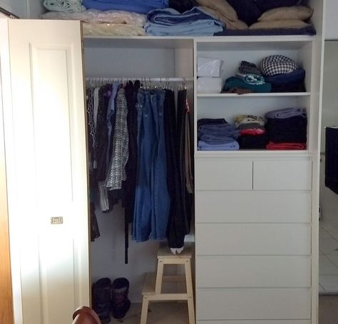 I wanted shelves and wide drawers for my closet. Eventually I hit on the idea of an IKEA hack, using the GALANT shelving unit on top of the MALM dresser. Malm Dresser Closet, Malm Closet Hack, Ikea Closet Hacks, Room Ideas Office, Wardrobe Ikea, Drawers For Closet, Ikea Closet Hack, Small Closet Ideas, Shoe Storage Ideas For Small Spaces