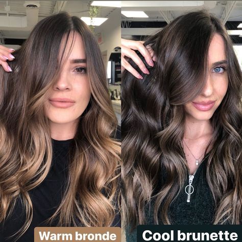 BRUNETTE SPECIALIST SHARON on Instagram: “Warm bronde and cool brunette! What works with your skin tone? What enhances your features? Don’t just ask for what’s trendy, have a…” Warm Skin Hair Color, Cool Tone Blonde Balayage, Cool Tone Blonde, Blonde Balayage On Brown Hair, Hair Color For Warm Skin Tones, Brown Hair Colours, Cool Brunette, Brown Hair With Blonde Balayage, Warm Brown Hair