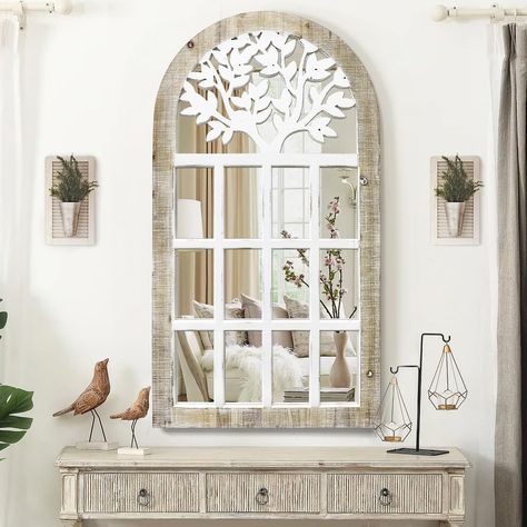 Wooden Mirror Wall Decor, Farmhouse Wall Mirror, Cathedral Mirror, Mirror For Entryway, Arched Window Mirror, Diy Farmhouse Ideas, Window Pane Mirror, Farmhouse Wall Mirrors, Large Farmhouse