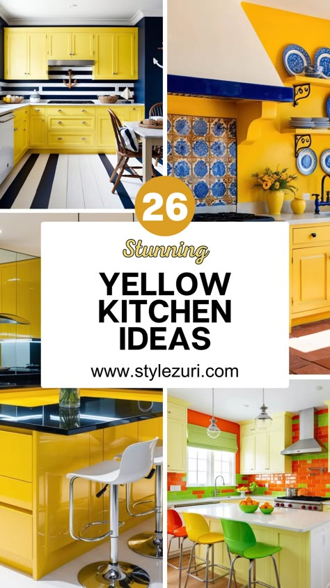 Yellow Kitchen Appliances, Yellow Kitchen Ideas, Yellow Kitchens, Blue Countertops, Patterned Tile Backsplash, Yellow Cabinets, Sleek Cabinet, Wooden Countertops, Home Making