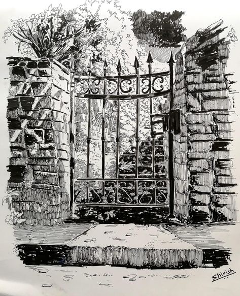 Technical Pen Drawing, Brush Pen Landscape, Free Reference Photos, Charleston Architecture, Letter Drawing, Village Drawing, Grafic Art, Landscape Pencil Drawings, Technical Pen