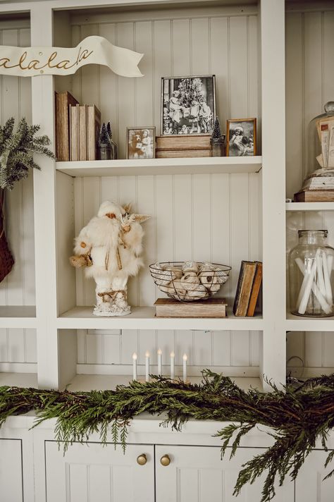 Cozy Neutral Christmas Built-ins Built In Decor, Cozy Neutral Christmas, Woodland Ornaments, Santa Decor, Fresh Garlands, Liz Marie, Liz Marie Blog, Neutral Christmas Decor, Neutral Christmas