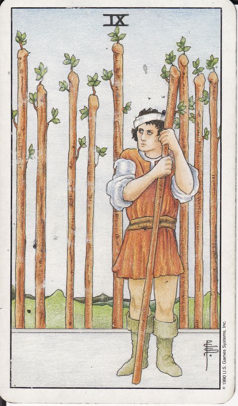 9 of wands image | NINE OF WANDS IX~battling harsh wounds, stand ground, defending themselves, 9 Of Wands, Nine Of Wands, Leo And Aquarius, Wands Tarot, The Hanged Man, Rider Waite Tarot, Rider Waite, Minor Arcana, Major Arcana