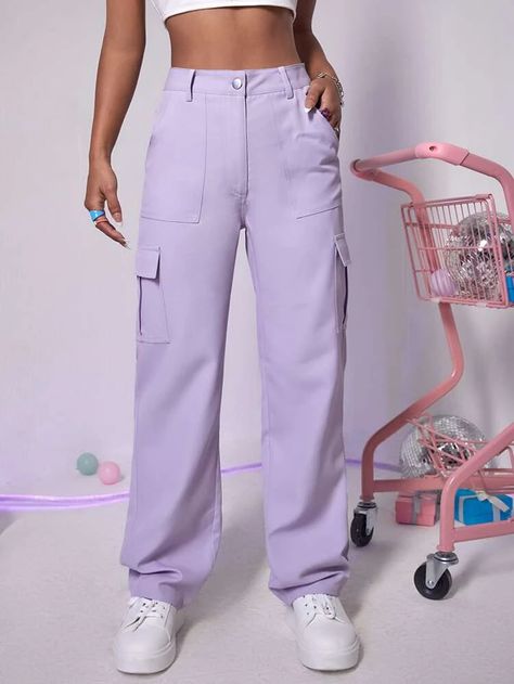 Flap Pocket Button Front Cargo Pants | SHEIN USA Purple Cargo Pants Outfit, Jean Cargo Pants Outfit, Colored Jeans Outfits, Purple Cargo Pants, High Waisted Jeans Outfit, Women Cargo Pants, Denim Cargo Pants, Cargo Pants Outfit, Purple Pants