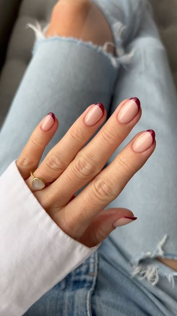 Almond Nail French Tip Color, Thick Fluffy Eyebrows, Old Fashion Nails, Short Almond French Tip Nails Color, French Nails Colored Tips, French Nails Colored Colour, Plum French Tip Nails, French Nails Colour, French Colored Tips Nails