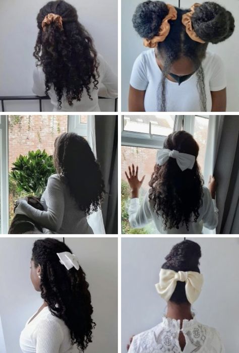 4c Natural Hairstyles Coquette, Natural Hair With Ribbon, Bow Natural Hair, Feminine Black Hairstyles, Natural Hair Scrunchie Hairstyles, Long 4c Natural Hair Hairstyles, Natural Hair With Bow, Bow Hairstyle Curly Hair, Long 4c Hairstyles