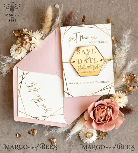 Are you looking for the perfect way to announce your upcoming wedding in style? Look no further than our Personalised Save the Date Hexagon Acrylic Magnet and Card. These stunning gold elegant wedding save the dates are sure to impress your guests and set the tone for your special day. The hexagon shape adds a modern and unique touch to your save the dates, while the acrylic material gives them a luxurious and high-quality feel. The gold details add an extra touch of elegance, making them perfec Acrylic Magnets, Blush Save The Dates, Boho Save The Date, Save The Date Online, Whimsical Fonts, Unique Save The Dates, Rustic Save The Dates, Wedding Magnet, Magnet Crafts