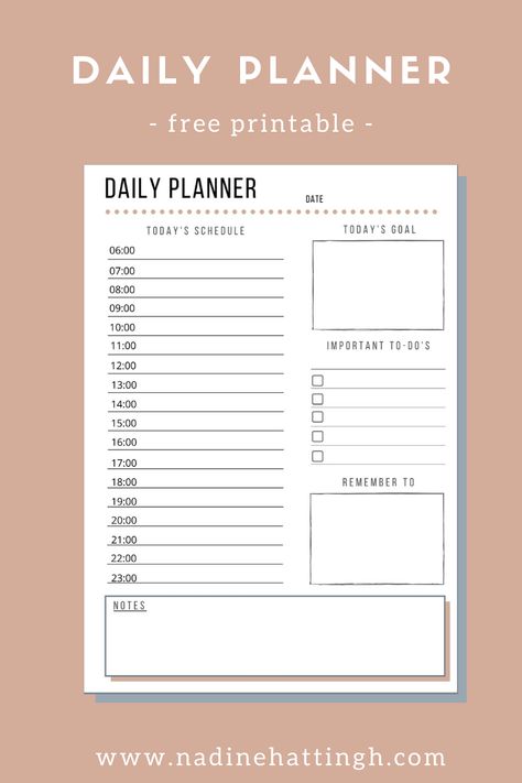 Free Daily Printable Planner | Nadine Hattingh Daily Planner With Time Slots, Diy Study Planner Ideas, Daily Planner Template Free, Free Printable Daily Planner Template, Free Daily Planner Printables, Day Planner Printables, Planner With Time, Daily Study Planner, Daily Planner Ideas