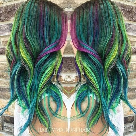 15 Galaxy Hair Ideas That Will Make You Starry-Eyed Neon Green Hair Color, Hair Color Ideas Red, Peacock Hair Color, Fun Hair Color Ideas, Green Hair Color Ideas, Galaxy Hair Color, Green Hair Color, Dark Purple Hair Color, Neon Green Hair