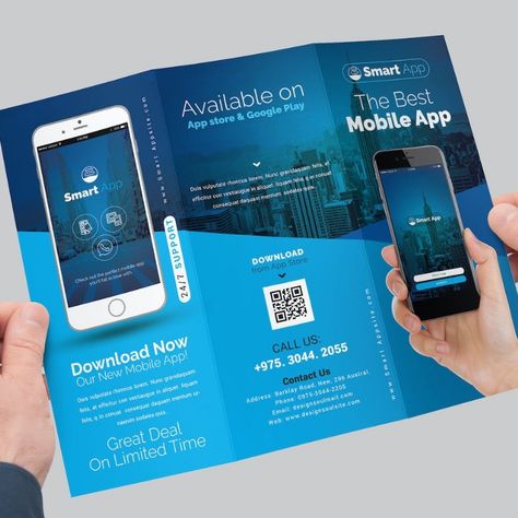 Mobile App Tri-Fold Brochure 3 Fold Brochure Design, Tri Fold Brochure Design, Burger Ads, Mobile Advertising Design, App Flyer, Printing Company Logo, Bank Branding, Creative Apps, Menu Flyer