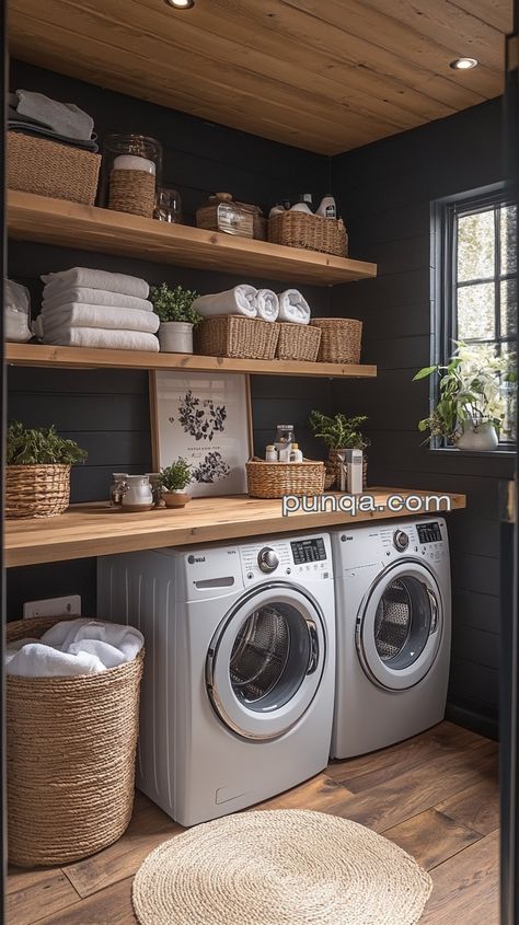 Tiny Utility Room Ideas Storage, Laundry Room Open Shelves, Earthy Laundry Room, Big Laundry Room Ideas, Laundry Shelf Over Washer, Laundry Room Ideas Decor, Organized Laundry Rooms, Very Small Laundry Room Ideas, Laundry Area Ideas