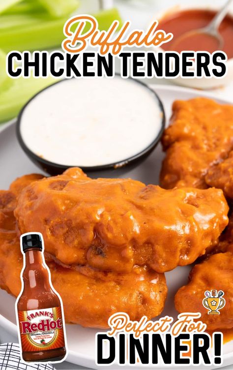 Make these crispy buffalo chicken tenders in just 30 minutes! Packed with bold flavor, they’re perfect for parties, dinners, or game days! Things To Do With Chicken Tenders, Recipes With Chicken Tenders, Crispy Buffalo Chicken Tenders, Buffalo Tenders, Buffalo Chicken Tenders, Breaded Chicken Tenders, Buffalo Chicken Recipes, Baked Chicken Tenders, Fluff Desserts