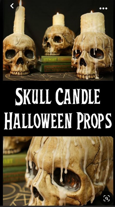 Diy Melted Candles Halloween, Diy Witch Outfit Women, Halloween Decor Candles, Skull Themed Halloween Party, Skull Candle Diy, Halloween Wedding Diy Decor, Diy Witchy Halloween Decor, Creepy Halloween Party Decorations, Plastic Skull Ideas