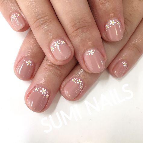 Short Nails With Accent Nail, Pink Nails With Flowers Short, Pink Flower Nail Designs Short, Pink Flower Gel Nails, Neutral Floral Nails Short, Pale Pink Floral Nails, Spring Nails 2020, Office Nails, Short Pink Nails