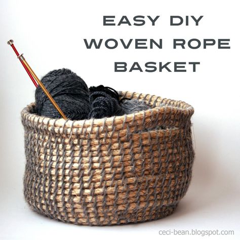 DIY Woven Rope Basket: an easy weave using yarn, a hair clip (or embroidery needle) and hemp rope. Diy Rustic Home Decoration, Cloth Pumpkins, Woven Rope Basket, Diy Rope Basket, Diy Sy, Basket Weaving Diy, Basket Diy, Diy Rustic Home, Basket Crafts