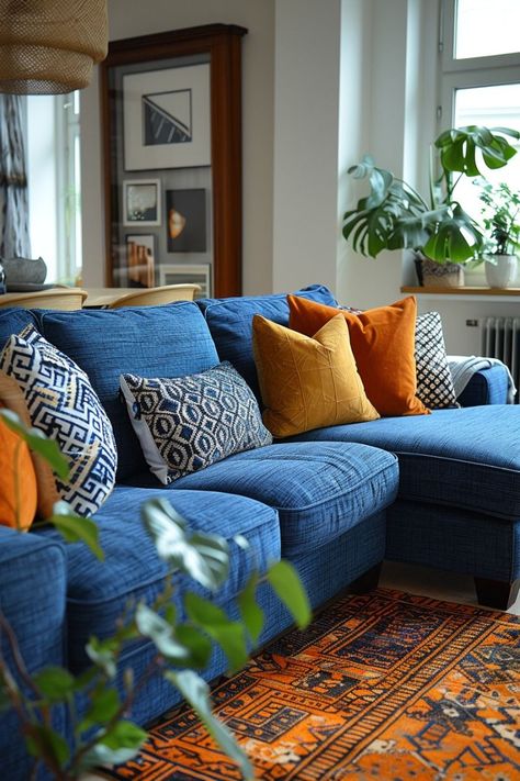 Blue Sofa Living Room Ideas Boho, Apartment Living Room Blue Couch, Boho Blue Couch, Blue Couch Boho Living Room, Dark Blue Sofa Living Room Decor, Blue Boho Living Room, Blue Couch Decor, Blue Sofa Decor, Blue Couch Living Room Ideas