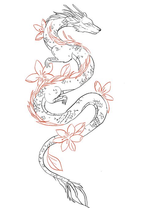 Dragon With Flowers, Dragon Tattoo Outline, Small Girly Tattoos, Dragon Tattoo Art, Dragon Tattoo For Women, Dragon Tail, Creepy Tattoos, Red Ink Tattoos, Cute Little Tattoos