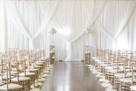 Aisle with Crisp, White Décor    Photography: Vue Photography   Read More:  http://www.insideweddings.com/weddings/destination-ballroom-wedding-featuring-timeless-decor-in-atlanta/925/ Wedding Decorations Modern, Secular Wedding Ceremony, Wedding Drapery, Draping Ideas, Purple And Silver Wedding, Wedding Draping, Modern Wedding Ceremony, Inside Weddings, Ideas For Wedding Decorations