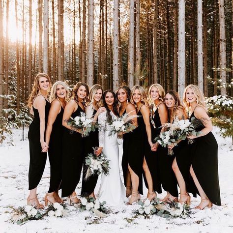 @simplyfabhouston shared a photo on Instagram: “This photograph captured my attention in so many ways. What a beautiful group of ladies! 💕 a black bridesmaid dress pallet for winter…” • Dec 15, 2020 at 7:22pm UTC Rustic Winter Wedding Bridesmaids, Black Bridesmaid Dresses Winter Wedding, December Wedding Bridesmaid Dresses, December Bridesmaid Dresses, Black Bridesmaid Dresses Winter, Black Bridesmaid Dresses Fall, Winter Wedding Black, Slip Bridesmaids Dresses, Closed Shoes