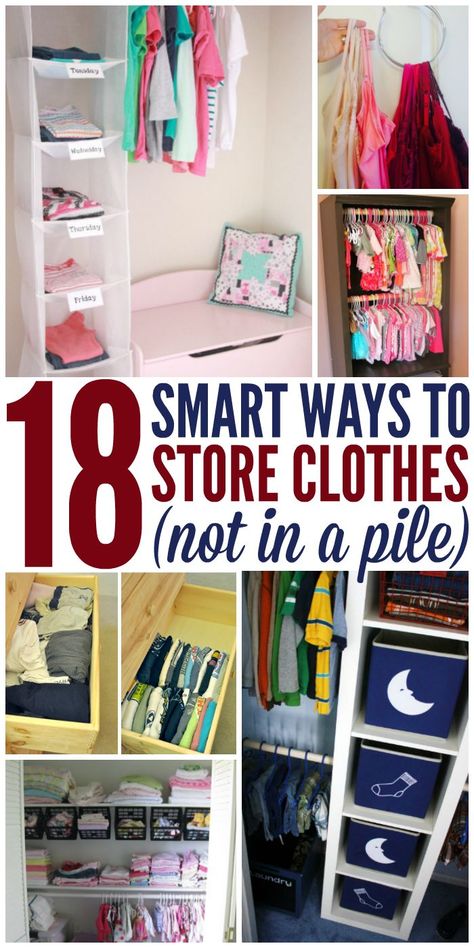 Boy, do I need to try these clothing storage ideas! (Not In a Pile) Ways To Store Clothes, 40s Decor, Small Space Clothing Storage, Clothes Storage Ideas, Clothes Organization Small Space, Kids Clothes Storage, Small Closet Organization Bedroom, Breezeway Ideas, Kids Clothes Organization