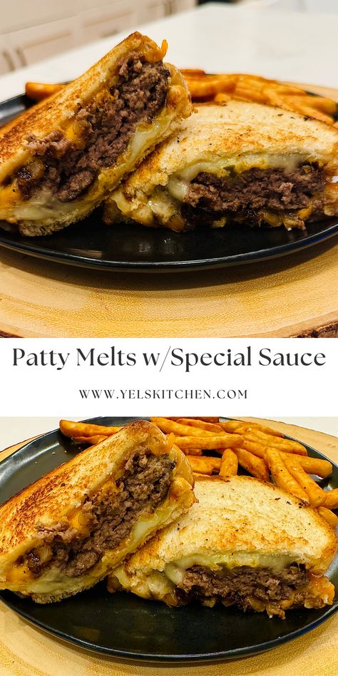 These classic homemade patty melts are made with seasoned ground beef, caramelized onions , and swiss and cheddar cheese, grilled on sourdough bread. Sourdough Sandwich Recipes, Loose Meat, Grilled Beef Recipes, Seasoned Ground Beef, Cheddar Cheese Sauce, Sourdough Sandwich, Patty Melt, Grilled Bread, Homemade Burgers