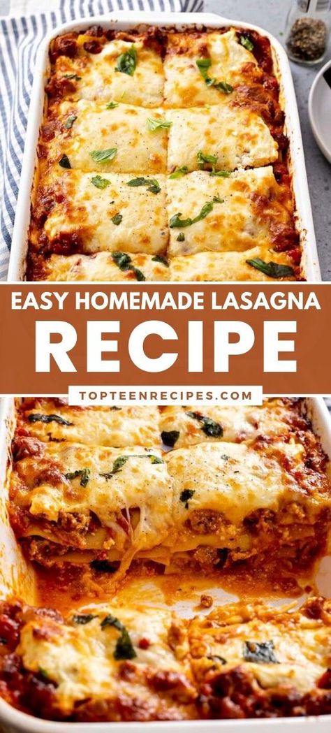 This Simple and easy homemade lasagna recipe is filled with rich tomato/beef sauce, ricotta, mozzarella, and Parmesan cheese between lasagna noodles. Homemade Lasagna Recipe, Easy Homemade Lasagna, Lasagna With Ricotta, Tomato Beef, Homemade Lasagna Recipes, Lasagna Recipe With Ricotta, Best Lasagna Recipe, Easy Lasagna Recipe, Lasagne Recipes