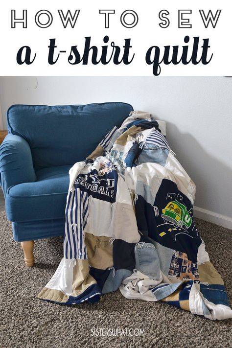 This t-shirt quilt is easy to sew made out of old t-shirts and jeans. It's a great way to refashion and save old shirts.... ... #tshirtquilt #jeanquilts #shirtquilt #ragquilt #howtosew #sewingproject Easy T Shirt Quilt, Blanket Made From Old Shirts, Tshirt Quilt Backing Ideas, T-shirt Blanket, Things To Do With Old T Shirts, Diy Tshirt Quilt, Diy T Shirt Quilt, How To Make A T Shirt Quilt, Tshirt Quilt Diy