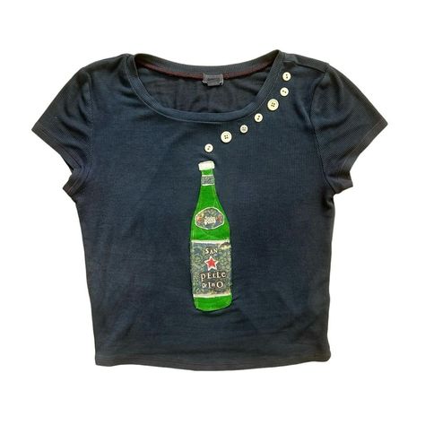 | SOLD San pellegrino 🍾 | Instagram T Shirt Crafts, Art Aesthetic Clothes, Sewing Projects Clothes Upcycling, Customizing Clothes, Diy Merch, Button Up T Shirt, Aesthetic Fabric, Homemade Shirts, Patchwork Clothes