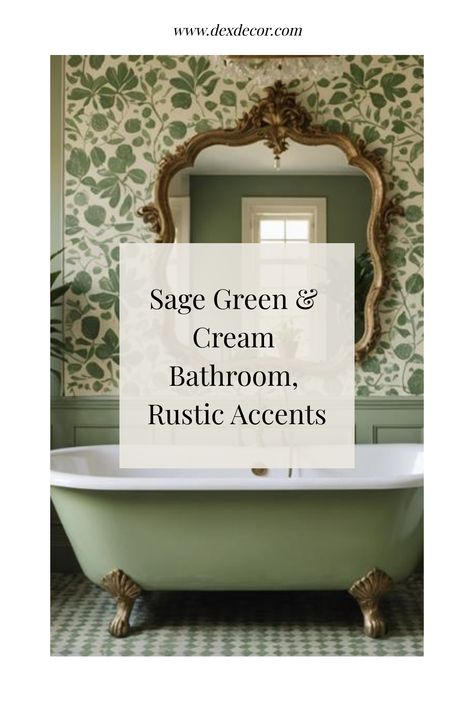 Sage green and cream bathroom with rustic accents and a clawfoot tub. Green Cottage Bathroom, Green And Cream Bathroom, Green And White Bathroom Ideas, Green And Beige Bathroom, Soft Lighting Ideas, Sage Bathroom Ideas, Forest Green Bathroom, Sage Green Tiles, Light Green Bathroom