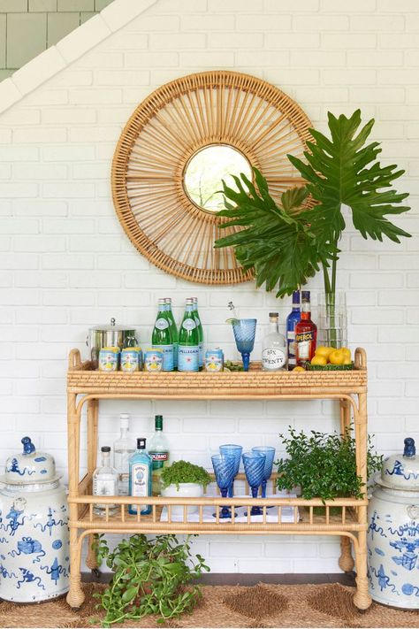 Summer Bar Cart, Bar Cart Styling Ideas, Bar Cart Inspo, Bar Cart Inspiration, Lady Decluttered, Rattan Bar Cart, Boho Bar, Yellow Front Doors, Porch Bar