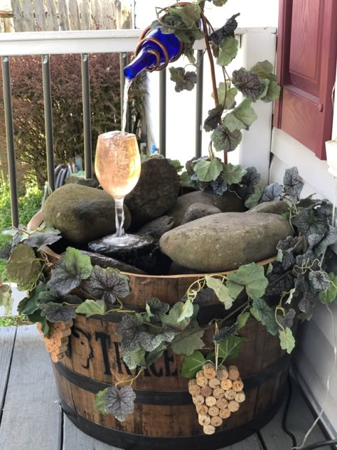 Wine Barrel Fountain Diy, Wine Bottle Fountain, Garden Fountain Ideas, Fountain Decor, Barrel Fountain, Front Yard Ideas, Water Wall Fountain, Water Fountain Design, Fountain Ideas