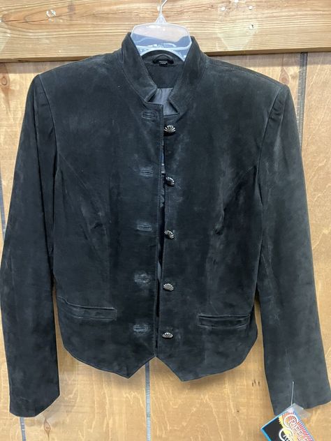 Ladies cripple creek black suede leather jacket, size medium. Button front with pockets, polyester lining, preacher collar. Weather Clothes, Cripple Creek, Suede Leather Jacket, Medieval Style, Digital Closet, Cute Nike Shoes, Cute Nikes, Medieval Fashion, Chilly Weather