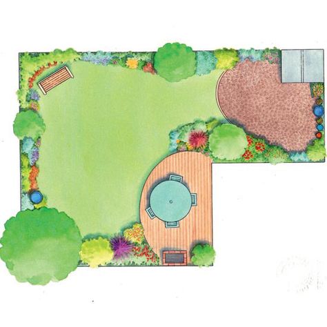 Make the most of an L-shaped garden with a simple design that makes use of all the available space L Shaped Garden, Patio Layout Design, Backyard Layout, Patio Layout, Backyard Garden Layout, Backyard Garden Landscape, Cheap Patio, Garden Design Layout, Small Backyard Gardens