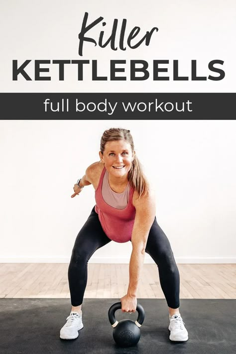 Strength, power, cardio conditioning and endurance - this KILLER KETTLEBELL workout does it all in around 30 minutes! This full body kettlebell workout builds strength and gets your heart rate up using just one piece of equipment. You can substitute a single dumbbell if you don't have a kettlebell available! Modifications offered for beginners/pregnancy all the way to advanced fitness levels! 4 Week Kettlebell Workout, Kettlebell Superset Workout, Advanced Kettlebell Workout, Womens Kettlebell Workout, 30 Min Kettlebell Workout, Kettlebell Exercises For Back, At Home Kettlebell Workout, One Kettlebell Workout, Pregnancy Kettlebell Workout