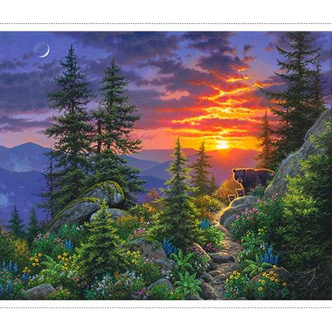 Mountain Sunrise Quilt Panel by Abraham Hunter for 3 Wishes - 699919366972 Mountains Painting, 3 Wishes, Mountain Sunrise, Beautiful Sunrise, Panel Quilts, Smoky Mountains, Printer, Printing On Fabric, Art Painting